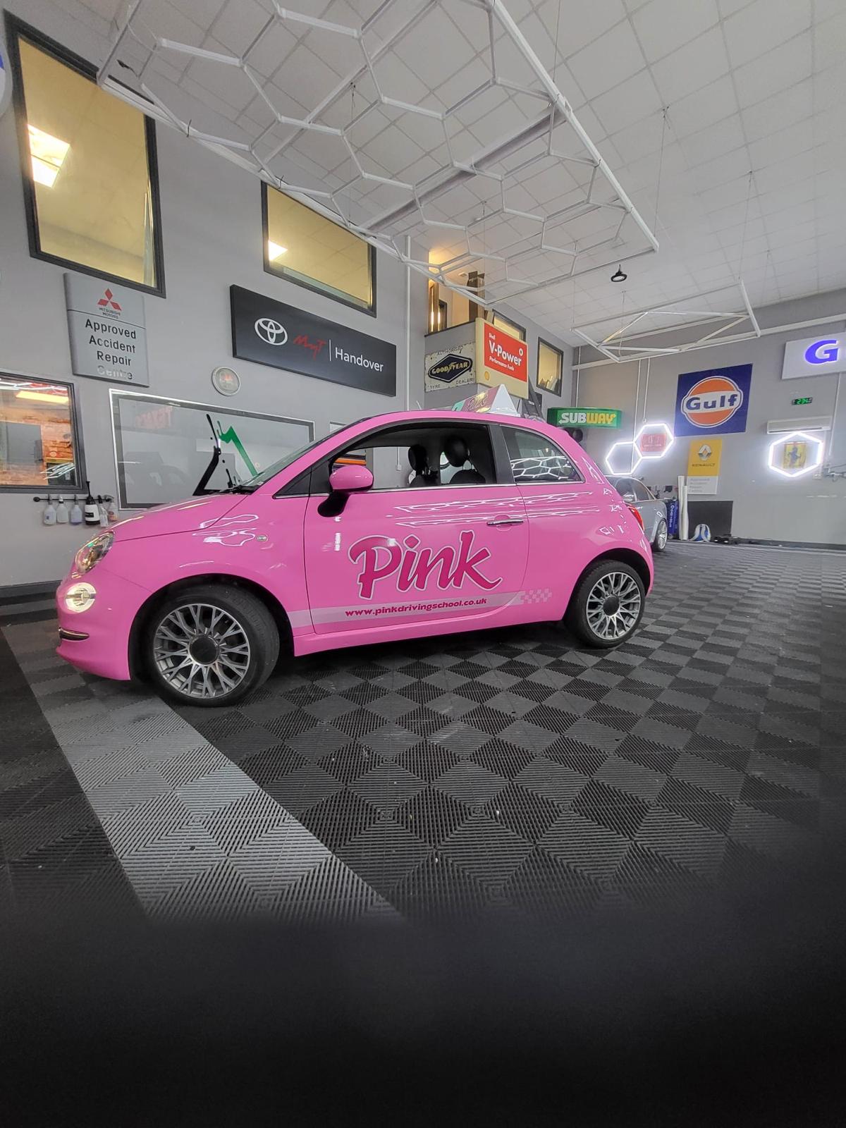 Pink Fiat 500 wrapped and branded by ATZ Group Doncaster